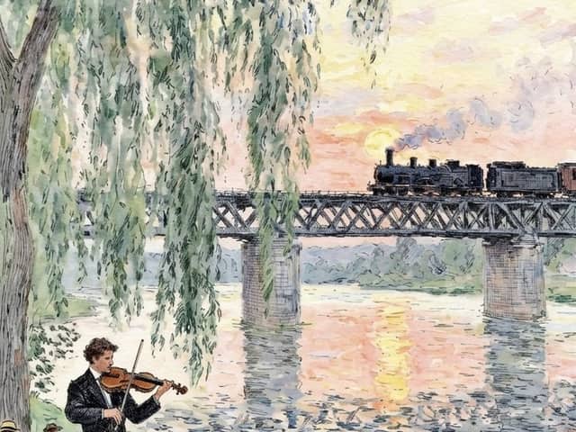 Violinista à beira do rio em aquarela ao pôr do sol