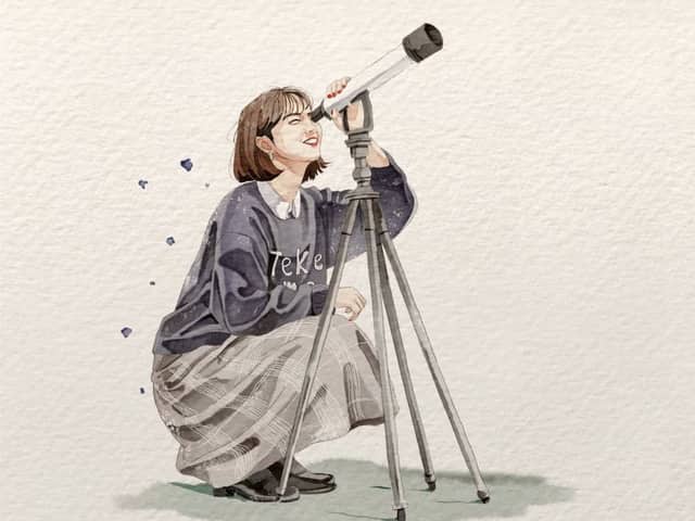 Illustration à l'aquarelle d'une femme avec un télescope