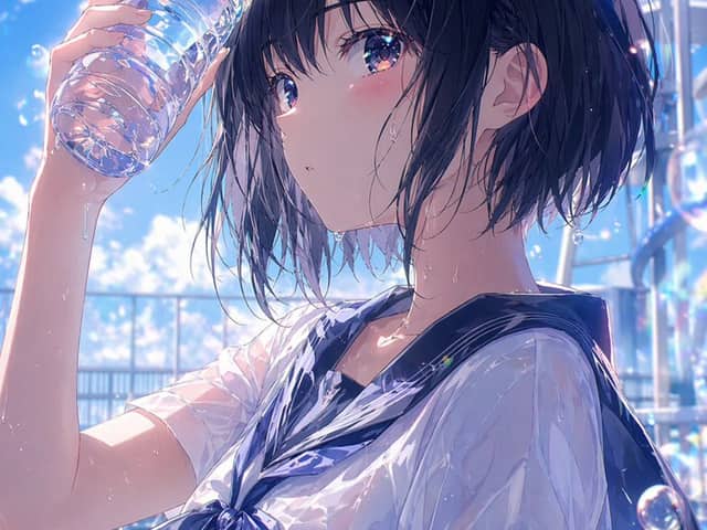 Portrait d'écolière anime sous la pluie estivale