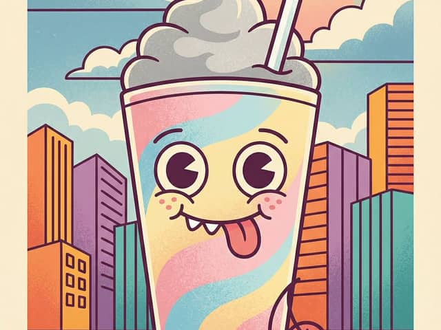 Whimsical Cartoon Milkshake with City Skyline Background
