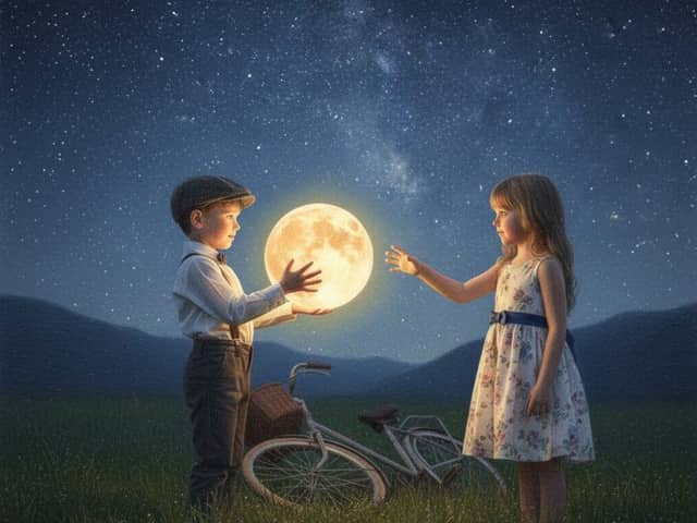 Whimsical Fantasy: Kids Holding a Glowing Moon (JSON)