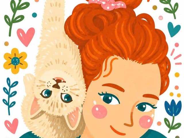 Illustration fantaisiste d'une jeune fille et d'un chaton peinte à la main