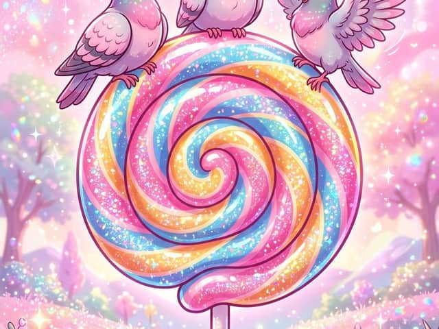 Illustration fantaisiste d'une sucette et de pigeons