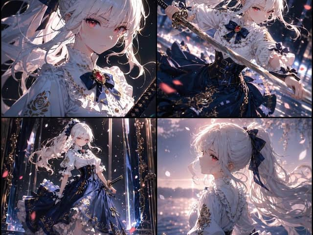 Hoja de 4 paneles de elegante espadachina de anime