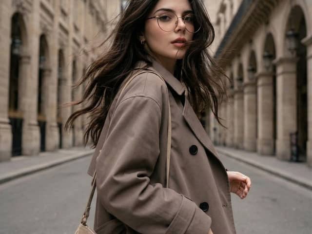 Mulher ao vento usando um trench coat em uma rua europeia