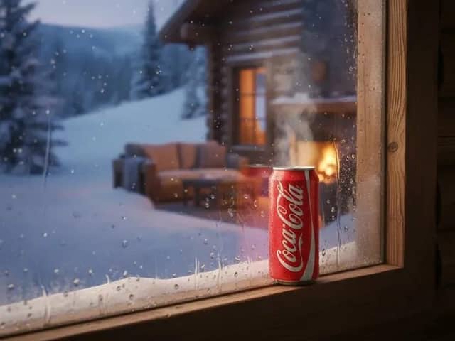 Winter Cabin Scene with Frosted Window and Coca-Cola Can