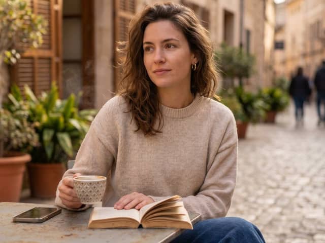 Mulher lendo em um café de rua europeu