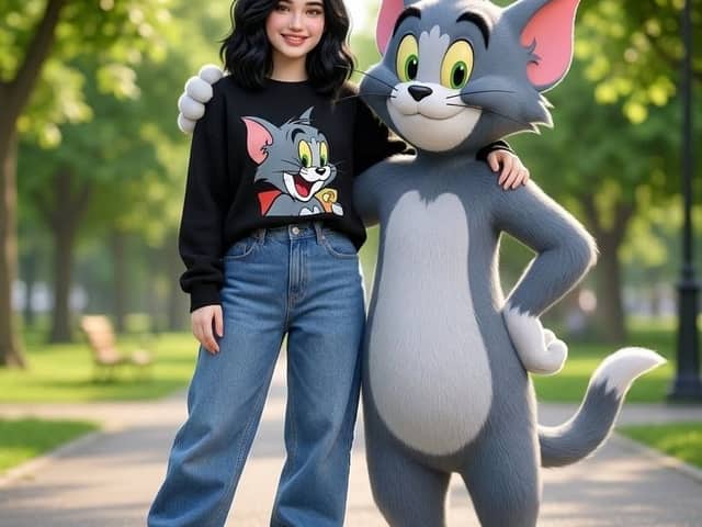 Mulher posando com um gato Tom em tamanho real