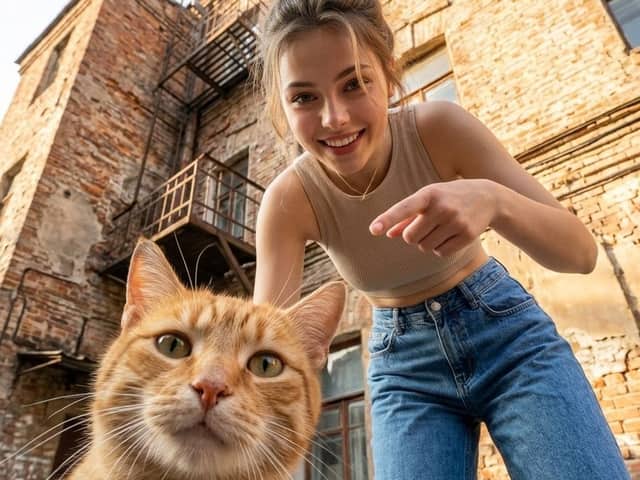 Ritratto urbano di gatto con inquadratura dal basso