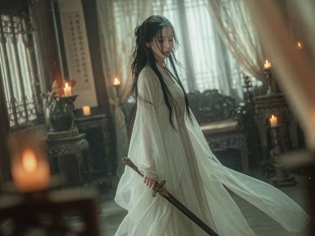 Épéiste Wuxia cinématographique dans une chambre éclairée à la bougie