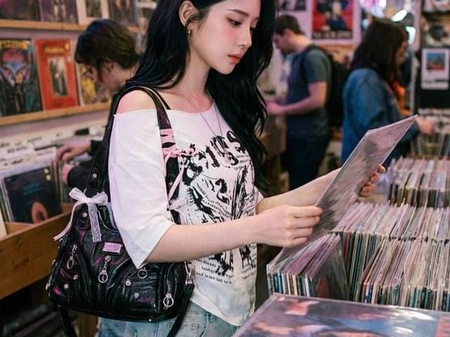 Y2K Coquette Streetwear in a Vintage Record Store