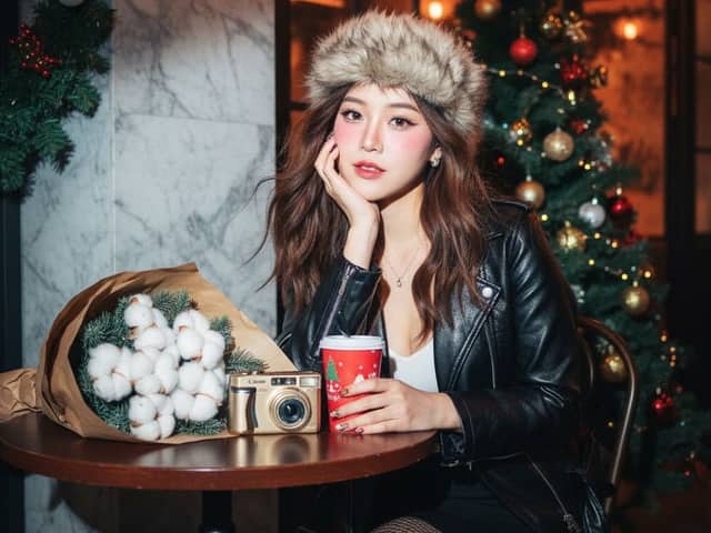 Y2K Flash Portrait at Christmas Cafe