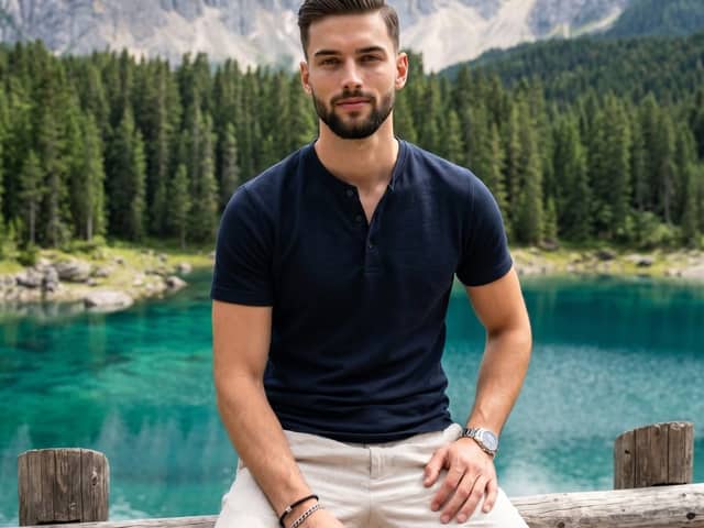 Retrato casual de hombre en lago alpino