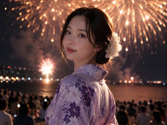 Yukata japonês elegante em festival de fogos de artifício na praia