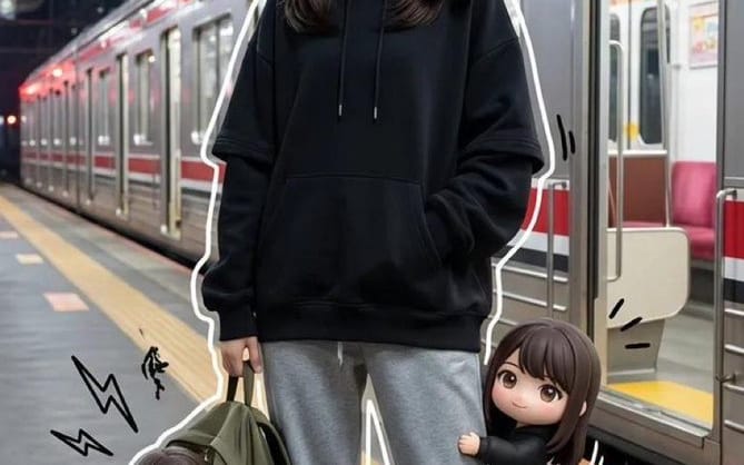 Portrait multimédia d'une adolescente de la génération Z avec des clones Chibi