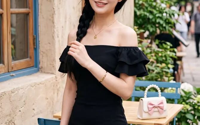 A beautiful young East Asian woman with fair skin and soft