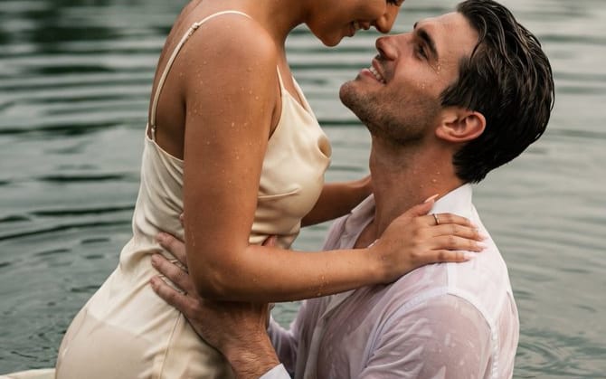 Cinematic Couple Embrace in Lake Water