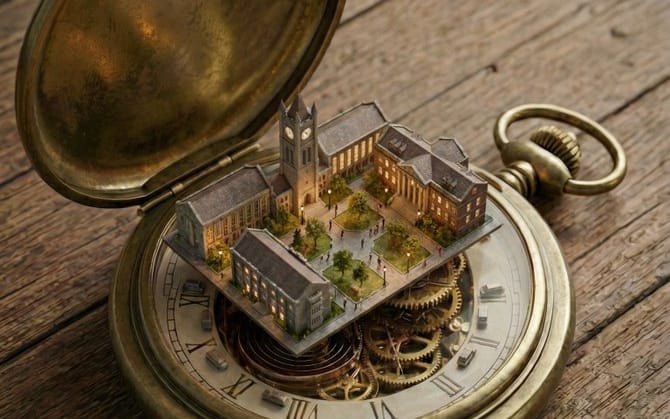 Métropole miniature à l'intérieur d'une montre de poche vintage