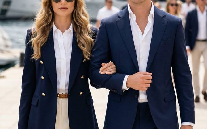 Quiet Luxury Couple on a Marina Promenade