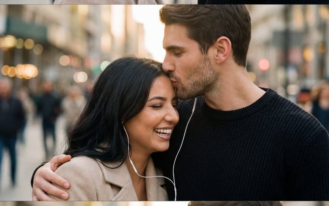 Romantic Cinematic Triptych with Shared Earphones