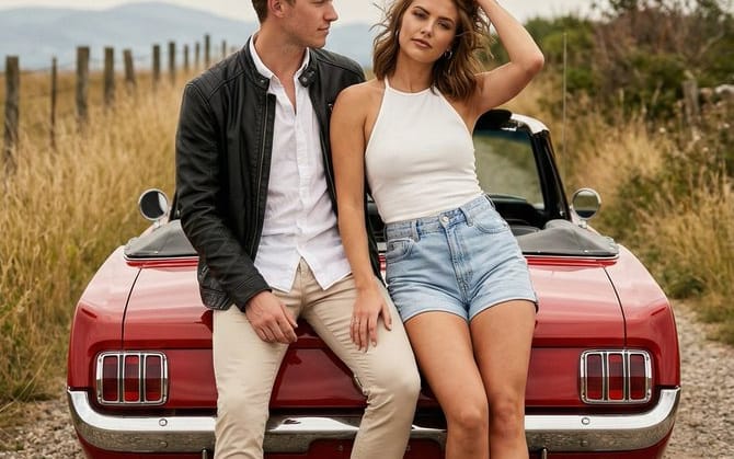 Casal Vintage em Conversível Clássico Vermelho no Campo