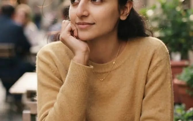 Cinematic medium shot of a thoughtful young woman seated