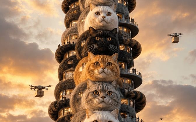 Arranha-céu de gatos surreal em Tóquio