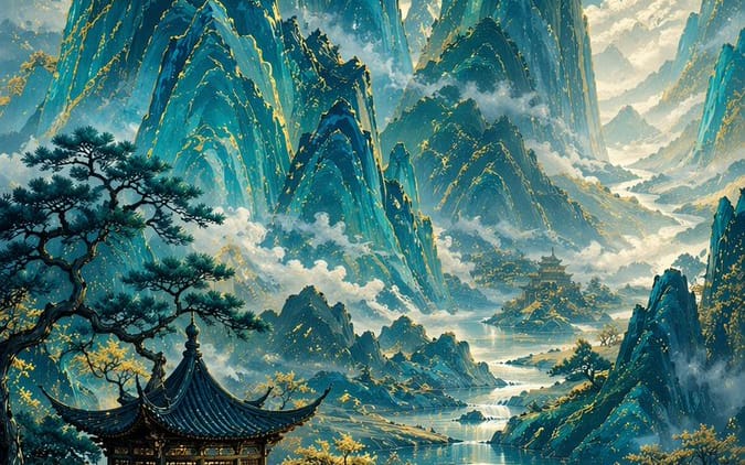 Paisagem Tradicional Chinesa em Tons de Azul e Verde