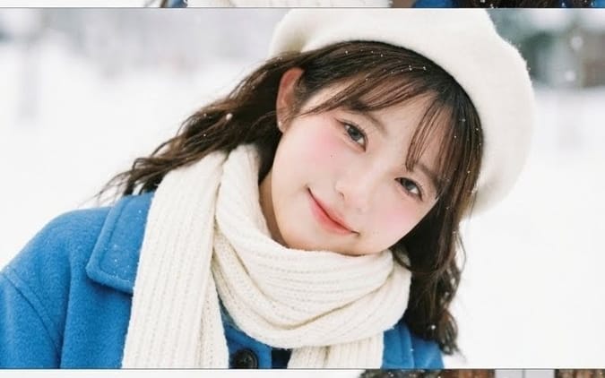 Vertical film strip collage of an Asian woman in a snowy Hokkaido setting