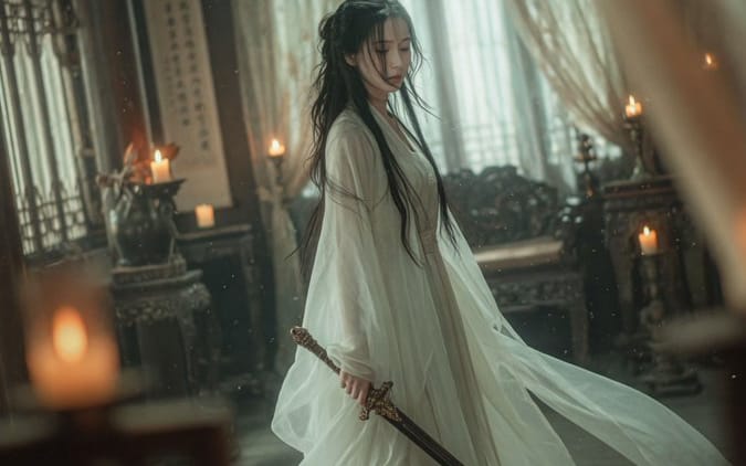 Épéiste Wuxia cinématographique dans une chambre éclairée à la bougie