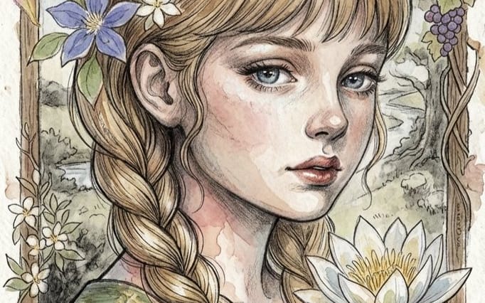 Portrait floral à l'aquarelle d'une jeune fille