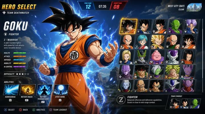 Create a premium hero-selection interface for a fast-paced