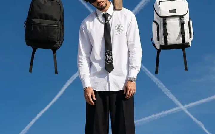 A surreal high-fashion editorial photograph of a stylish