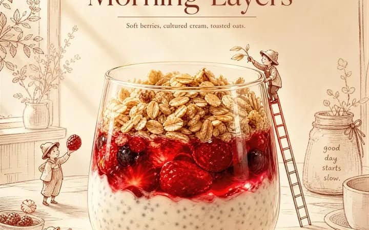 Create an ultra-premium breakfast parfait advertising poster