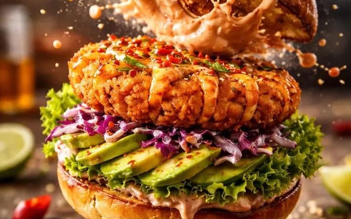Cinematic Mid-Air Shrimp Burger Photo Prompt