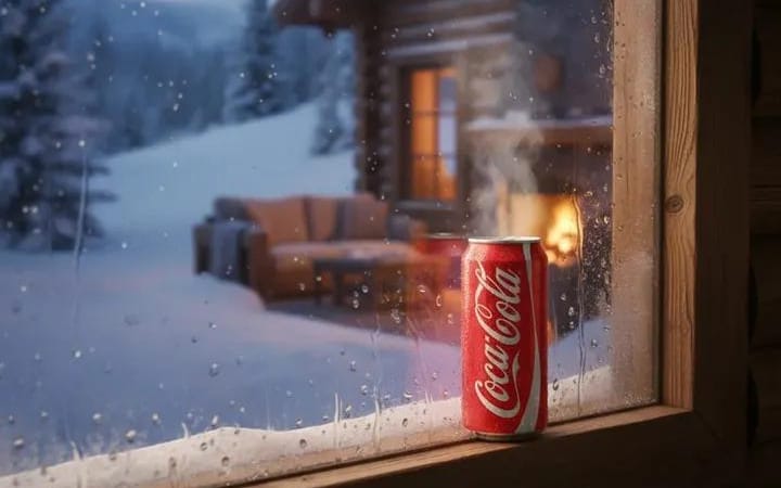 Winter Cabin Scene with Frosted Window and Coca-Cola Can