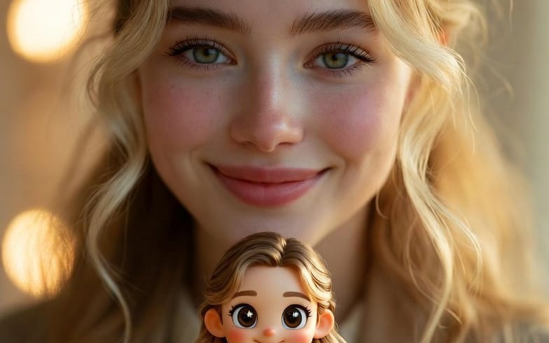 Cinematic Portrait with Miniature Chibi Figurine