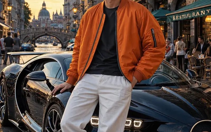 Ultra-realistic cinematic full-body portrait of the same man