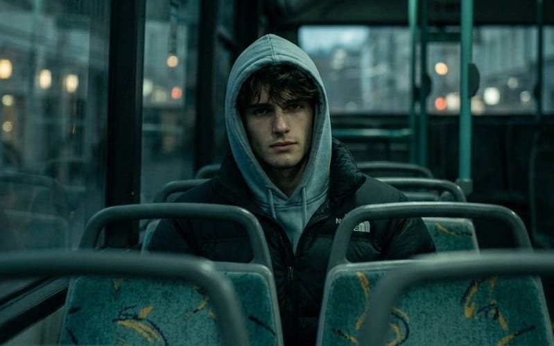 Plano Interno Cinematográfico de um Homem em um Ônibus Mal Iluminado