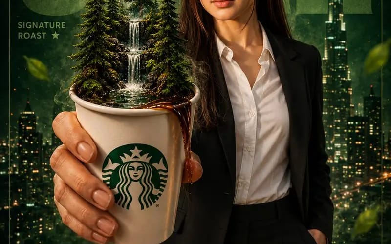 A premium cinematic Starbucks-style coffee advertising