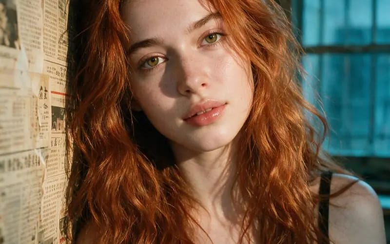 Portrait of a young woman with long tousled copper-red wavy