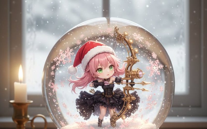 Anime Chibi Character in a Photorealistic Christmas Snow Globe