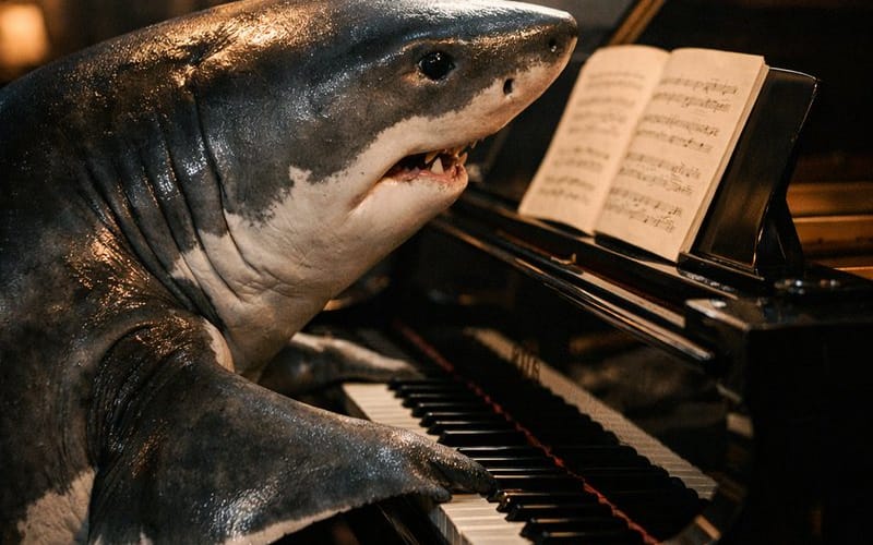 Realistic Shark Playing Piano Benchmark Prompt