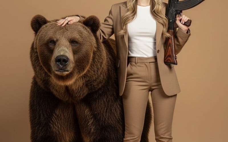 Surreal Studio Portrait with Grizzly Bear and Rifle
