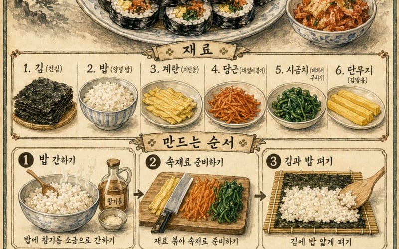 Affiche vintage de recette de Gimbap coréen