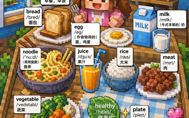 Affiche de vocabulaire bilingue sur le petit-déjeuner en art voxel