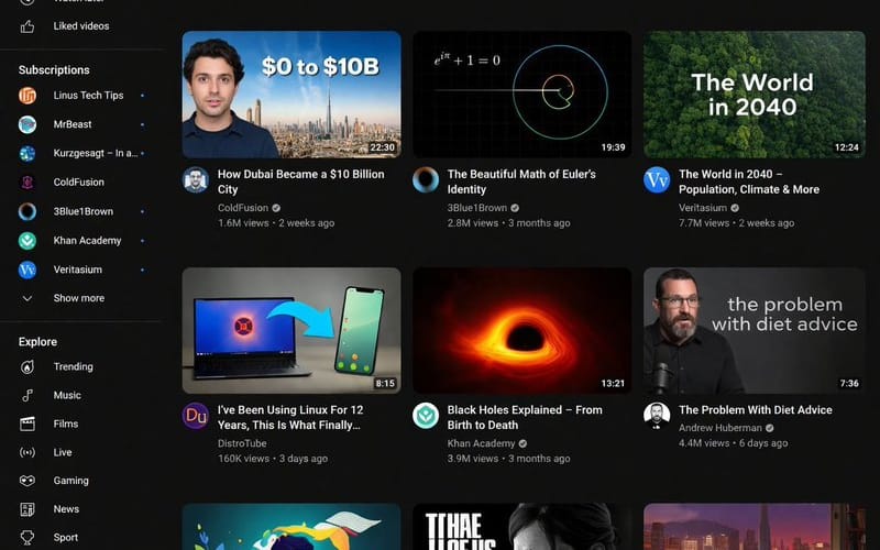 Mockup interfaccia desktop YouTube in modalità scura