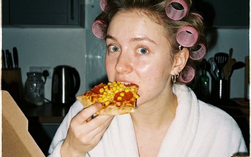 Ultra Photorealistic Candid Flash Portrait of a Woman Eating Pizza