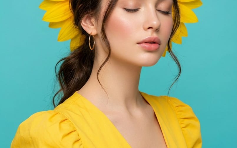 Ultra-Realistic Commercial Portrait with Yellow Dress and Turquoise Background