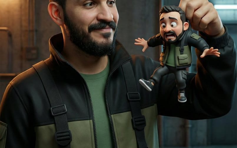 Ultra-Realistic Man Holding Cartoon Miniature of Self
